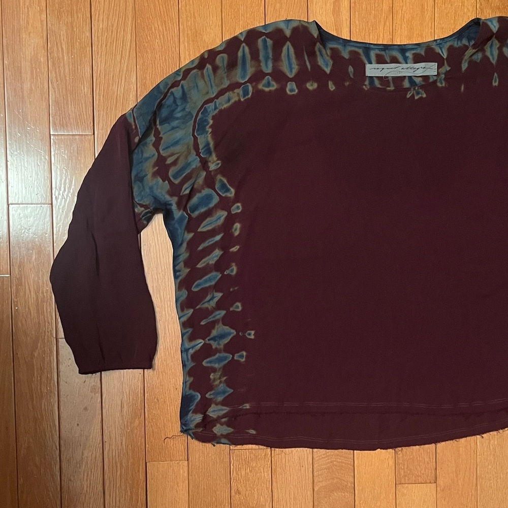 Raquel Allegra brown and teal tie-dye silk blouse box fit, raw hem